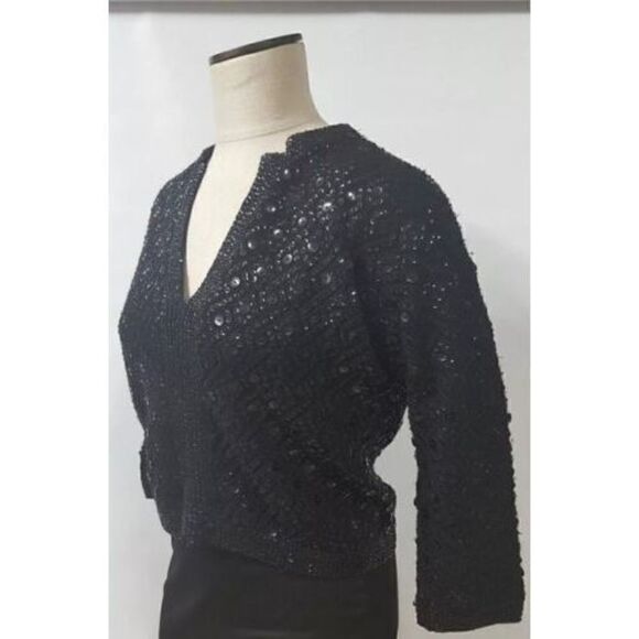 Cyn Les Short Black V Neck Sweater size 36 US Small Sequins Lined 3/4 Sleeve Vtg - Picture 3 of 9